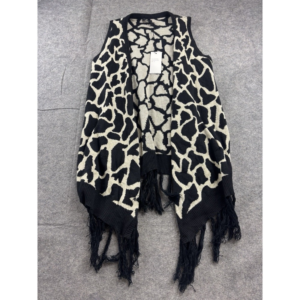 BCBGMAXAZRIA Women M Animal print Sleeveless Open Front Cardigan Vest Fringe Y2K
